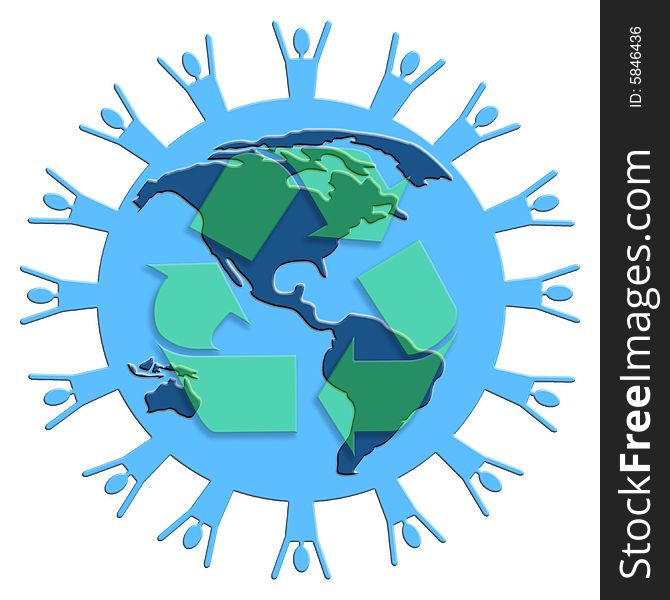 Planet Earth with people silhouette around the outer edge layered with a recycle symbol. Planet Earth with people silhouette around the outer edge layered with a recycle symbol