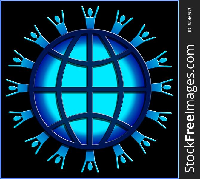 Planet Earth with people silhouette around the outer edge layered with a linear web. Planet Earth with people silhouette around the outer edge layered with a linear web