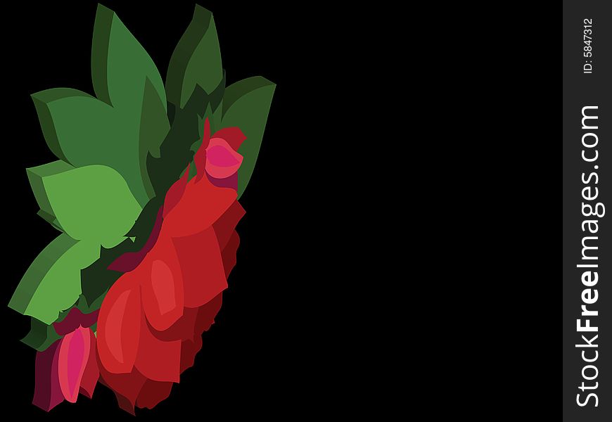 Black background with red flower and green leaves