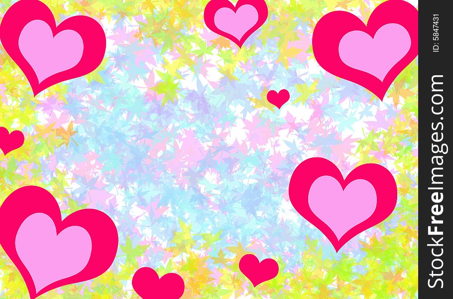 A romantic background with coloured hearts and leaves. Digital drawing. Coloured picture.