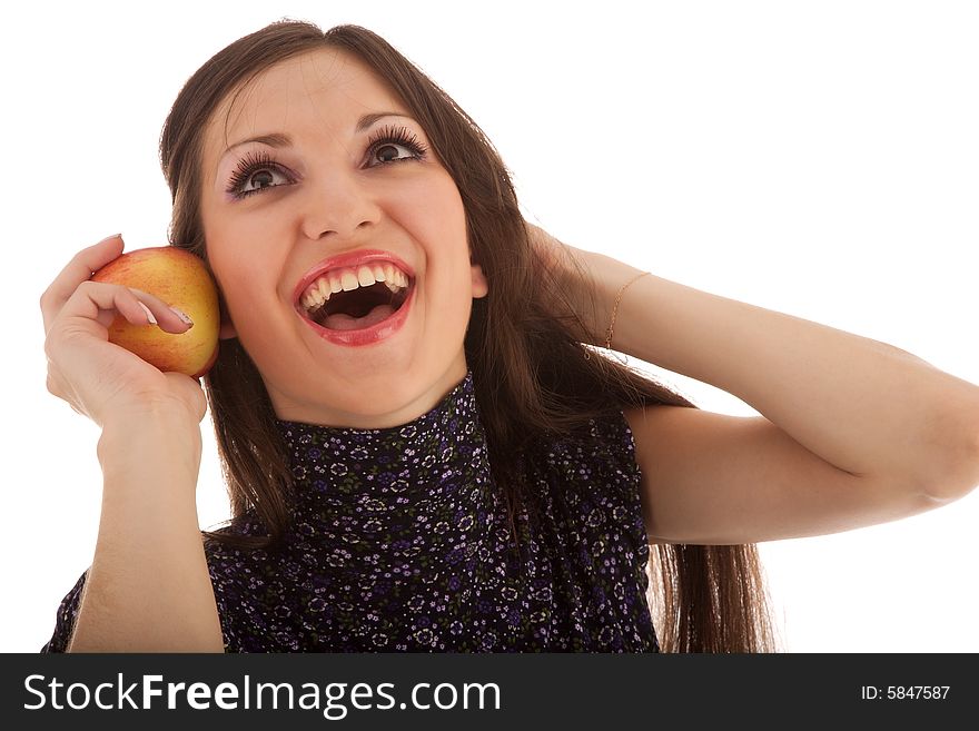 Young beautiful girl with apple on the white. Young beautiful girl with apple on the white