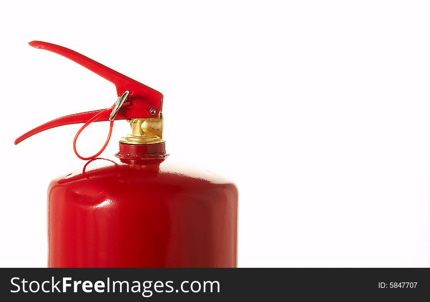 A red fire extinguisher on a white background