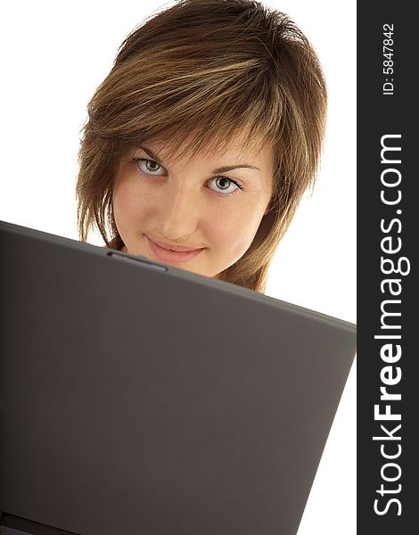 Cute young woman with laptop on the white. Cute young woman with laptop on the white