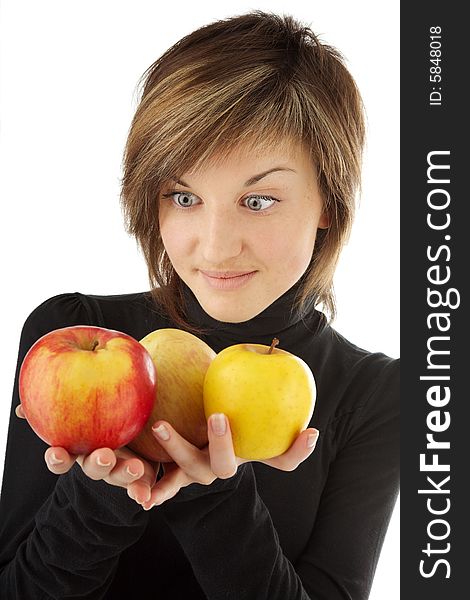 Young beautiful girl with apples on the white. Young beautiful girl with apples on the white