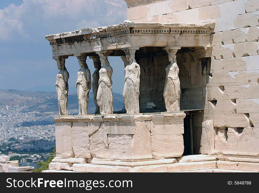 Athens Greece, Temple on top of Acropolis, city of Athens background. Athens Greece, Temple on top of Acropolis, city of Athens background