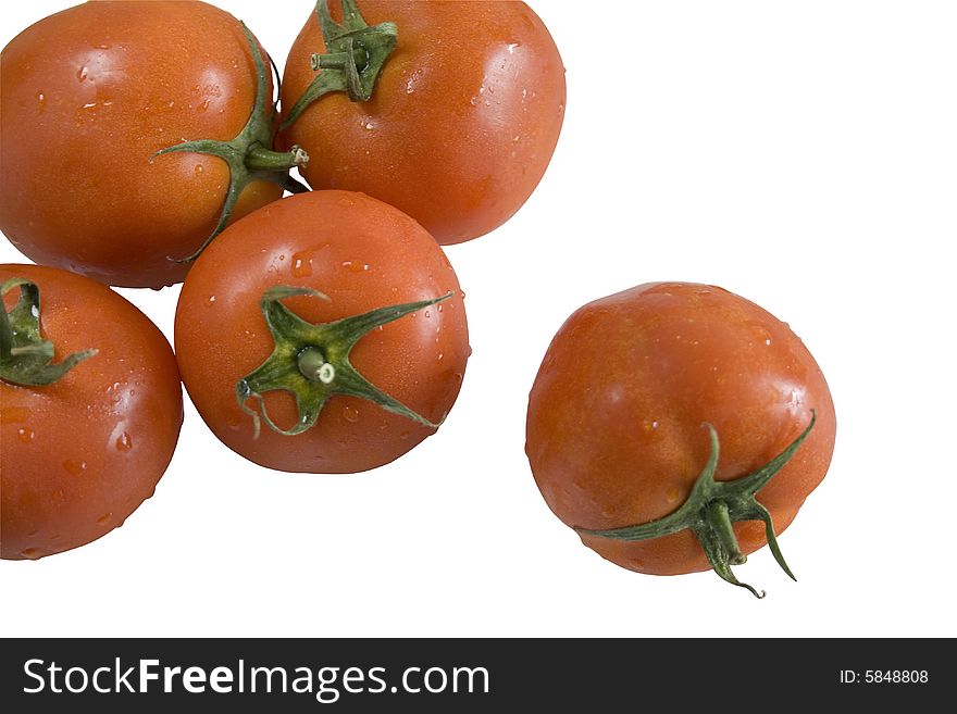 Five tomatoes on white background