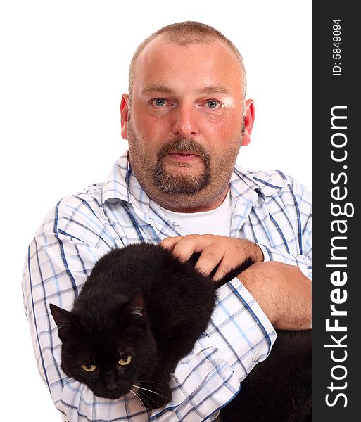 Man Holds Black Cat In Hands