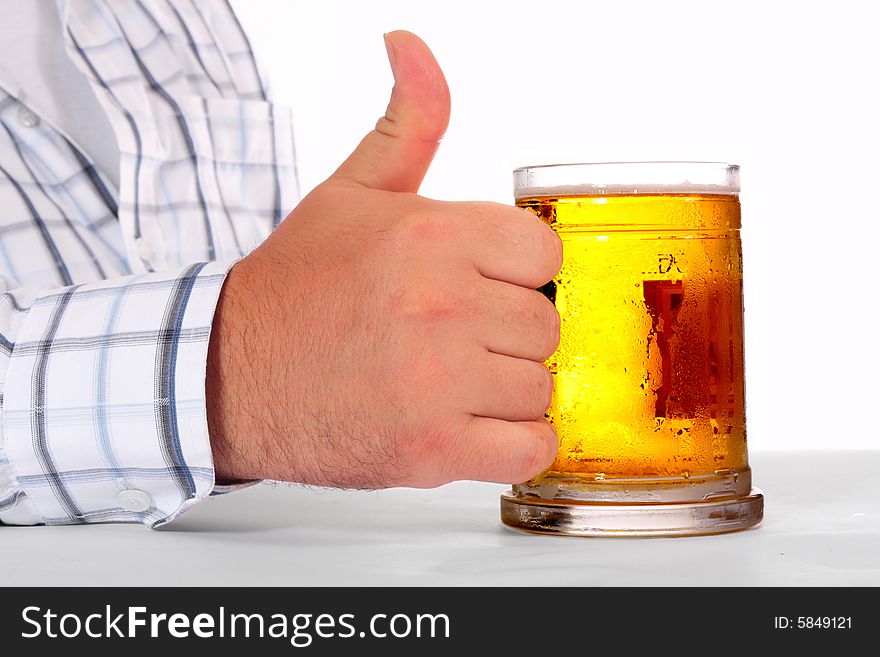 Beer in man hand on white