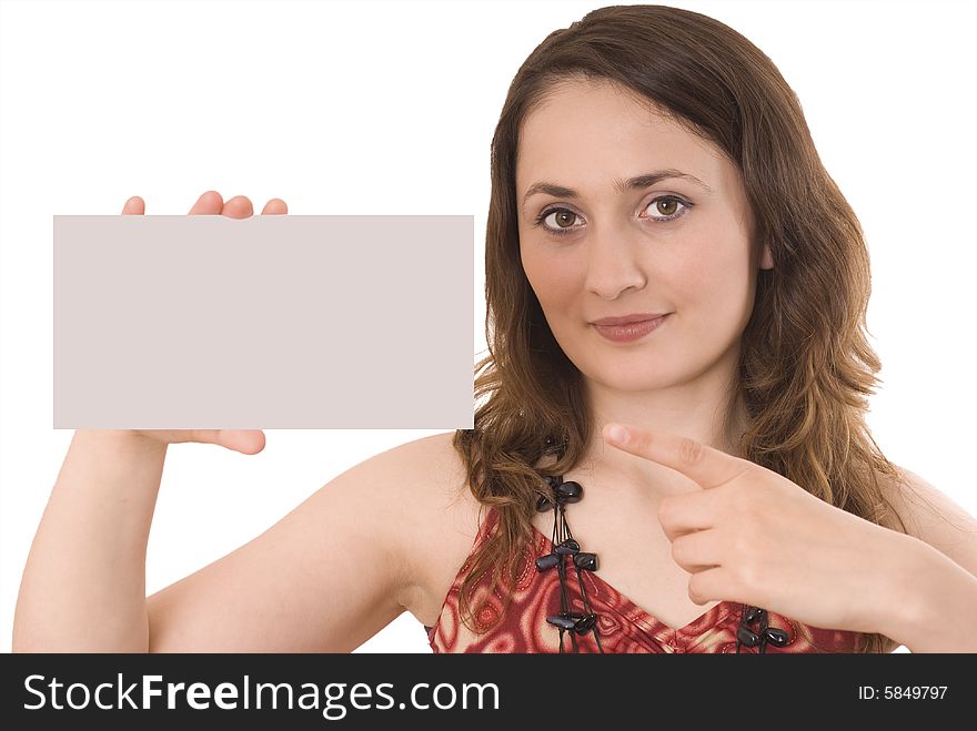 Beautiful woman holding empty gray board