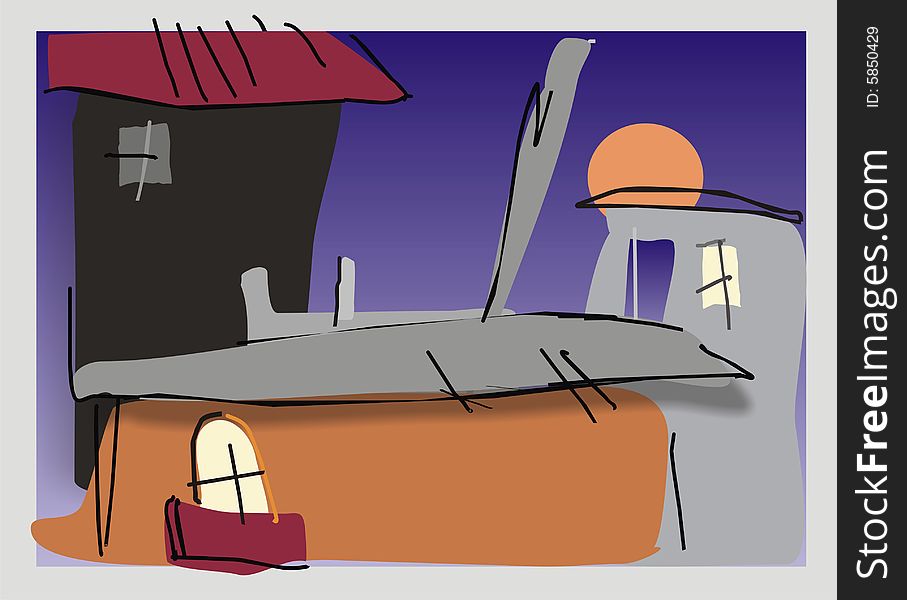 Roofs of night city. In the foreground the house with a balcony. In a window burns light. Roofs of night city. In the foreground the house with a balcony. In a window burns light.