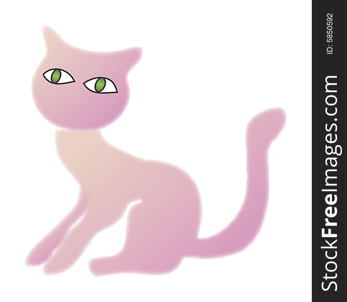 Computer illustration, stylized cat with big green eyes