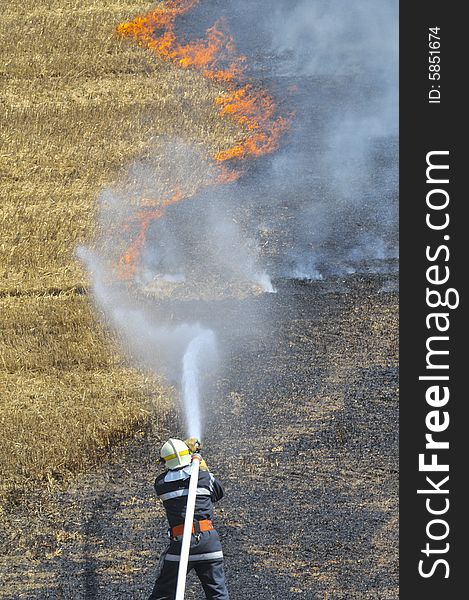 A firefighter extinguish the burning stubble field. A firefighter extinguish the burning stubble field