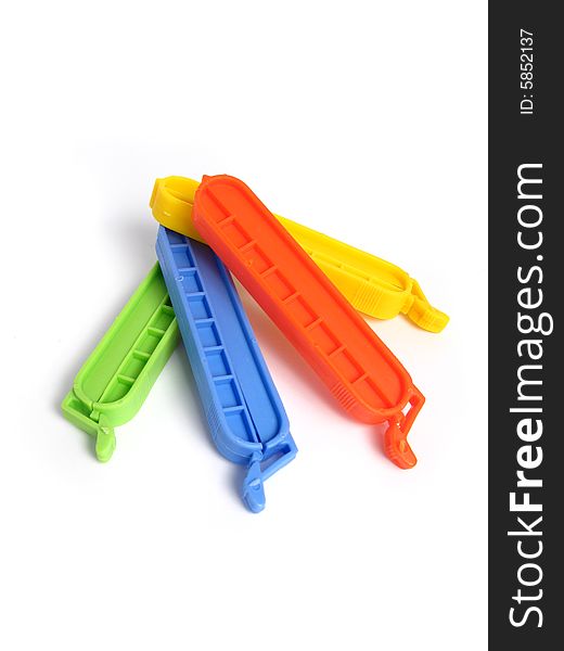 Clips for food Bags  in various colors on white background