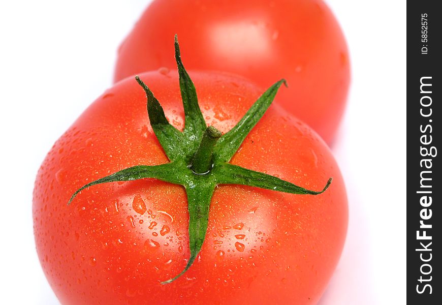 Wet tomatoes on a white background