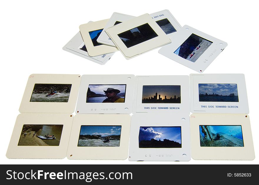 Colorful exploration and travel slides on light table. Colorful exploration and travel slides on light table