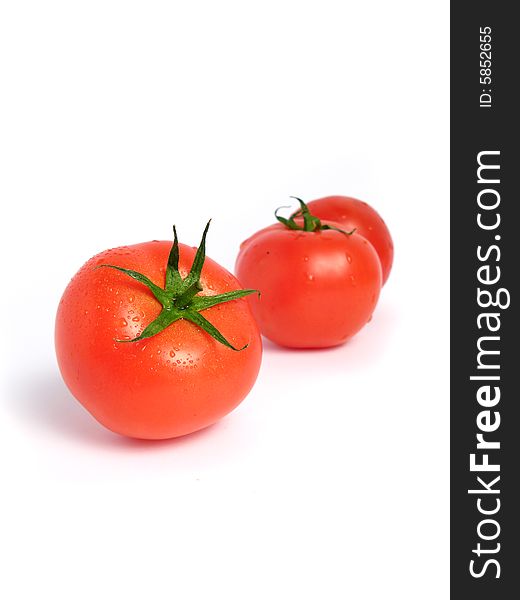 Wet tomatoes on a white background