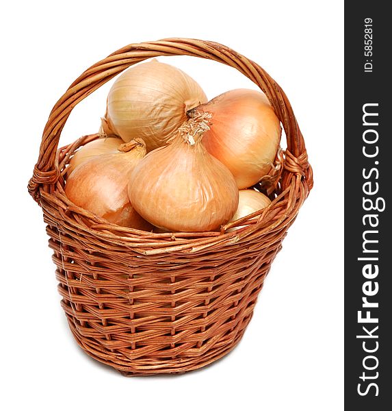 Small basket with onion isolated over a white background