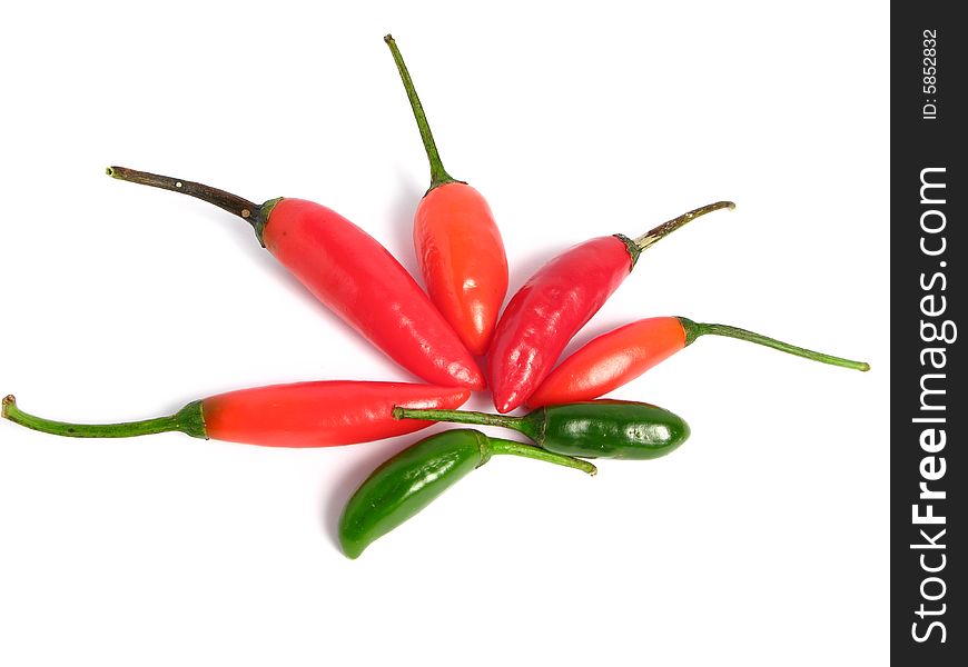 Two colors chilies group on white background