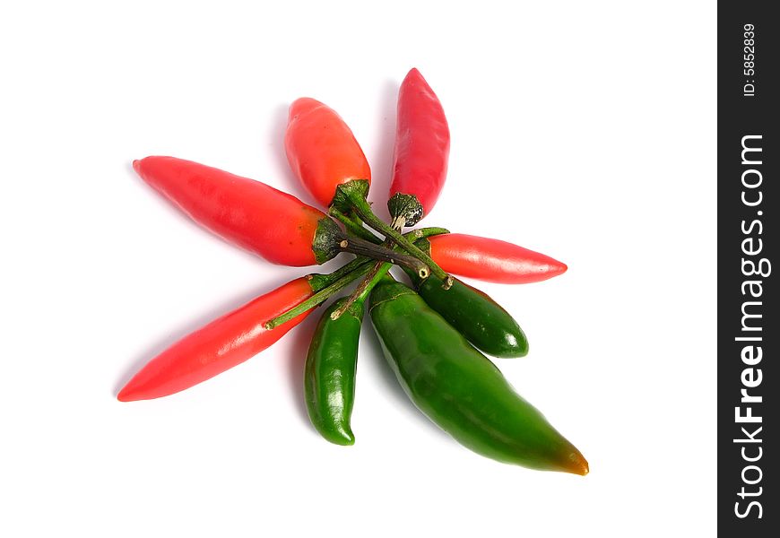Two colors chilies group on white background