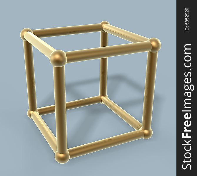 Golden cube frame isolated on blue background. Golden cube frame isolated on blue background