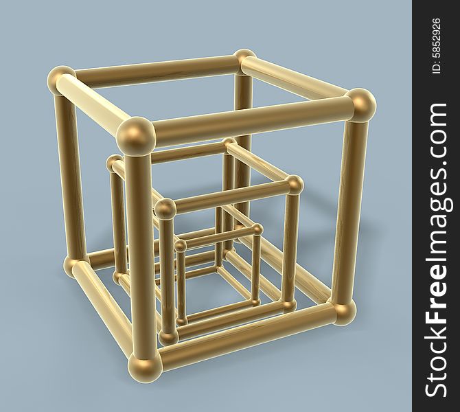 Golden cube frame isolated on blue background. Golden cube frame isolated on blue background