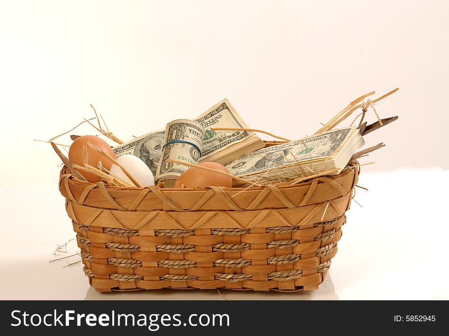Bucket of eggs and stack of paper money. Bucket of eggs and stack of paper money