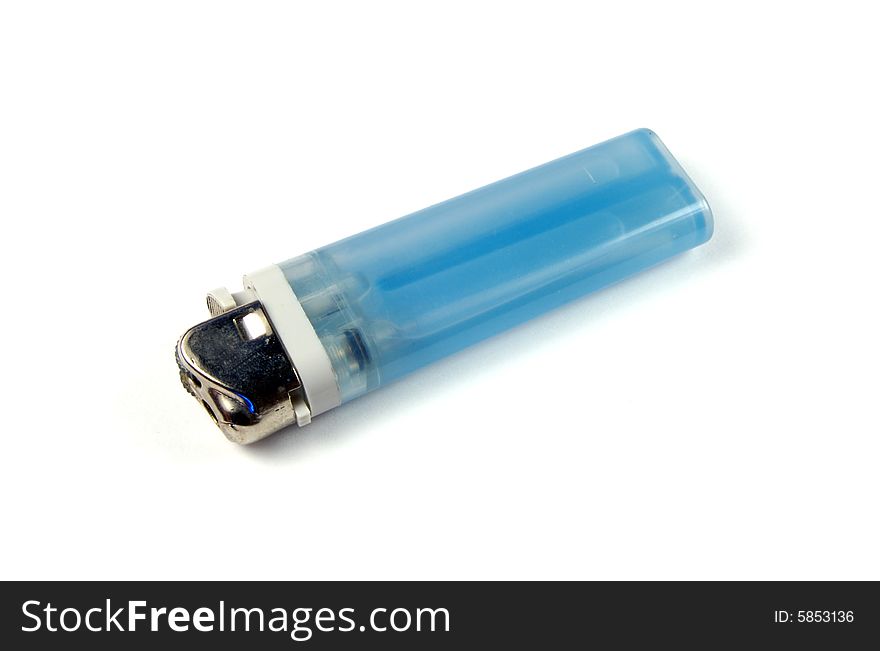 A photograph of a blue lighter against a white background