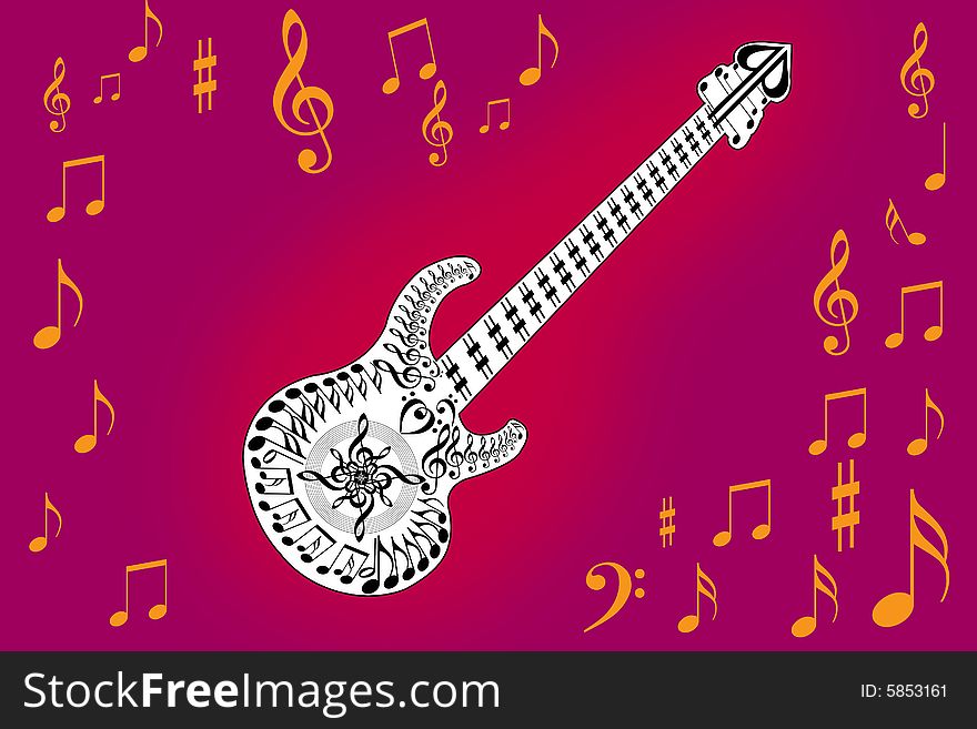A guitar simple generated all music notes by illustration with violet background. A guitar simple generated all music notes by illustration with violet background