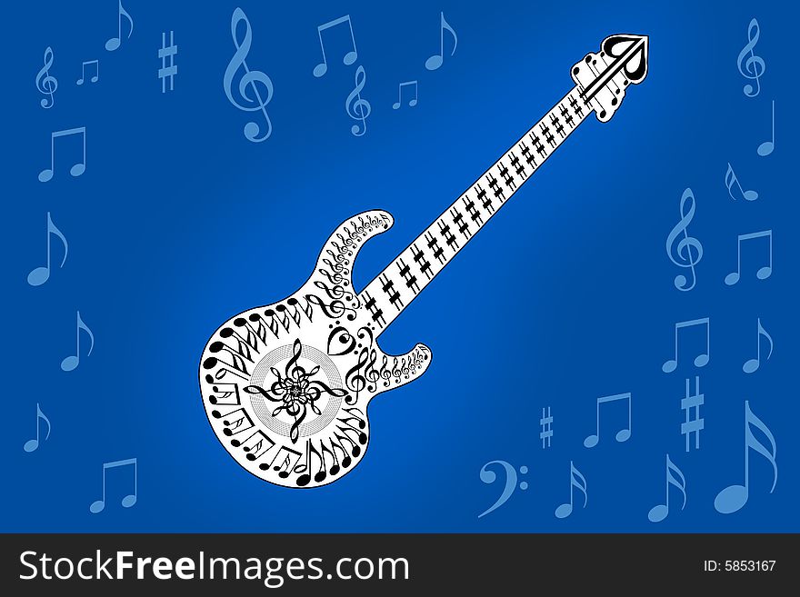 A guitar simple generated all music notes by illustration with blue background