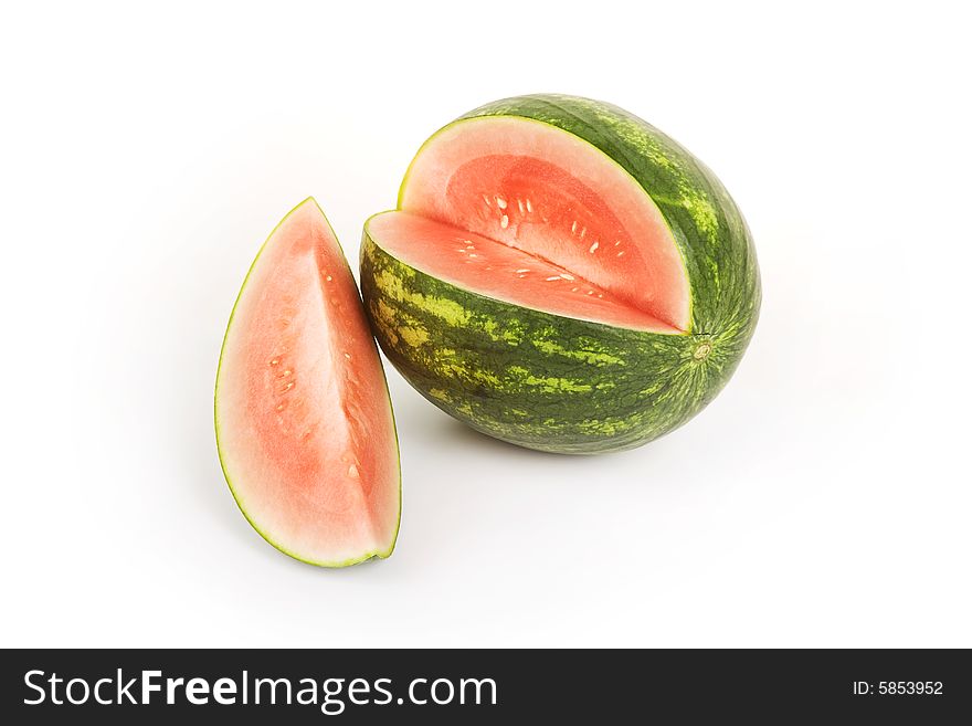 Bright red and green watermelon on a white background