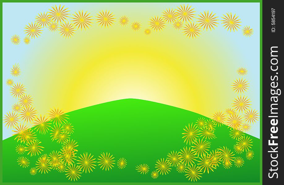Frame with sunrise, blue sky, green meadow, flower. Frame with sunrise, blue sky, green meadow, flower
