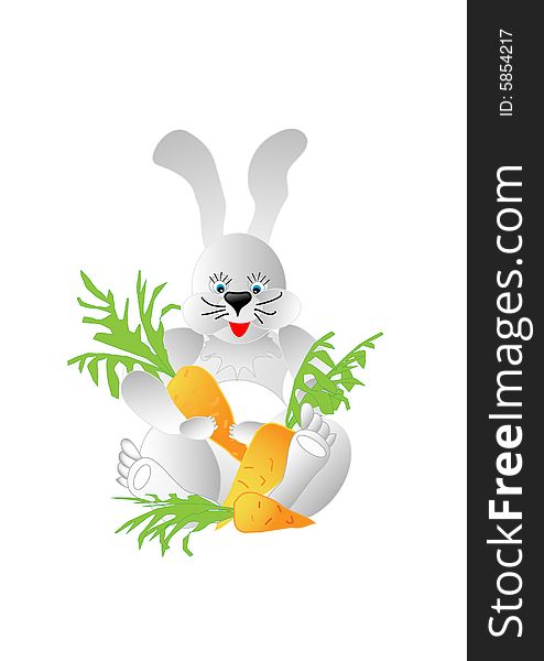 Hare with red carrot on white background. Hare with red carrot on white background