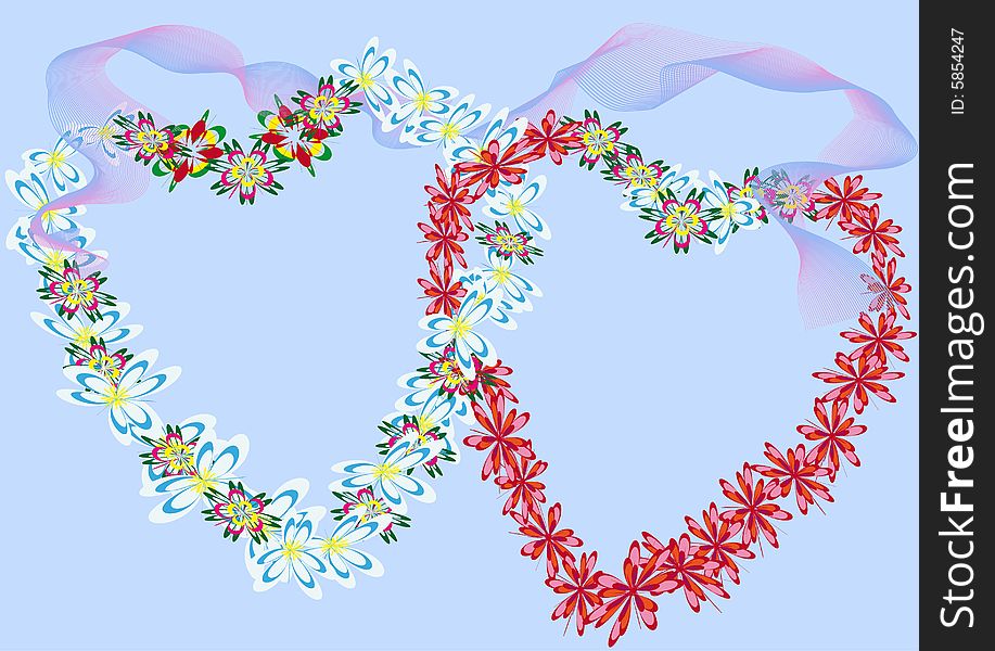 Two hearts on blue background in white and red flower. Two hearts on blue background in white and red flower