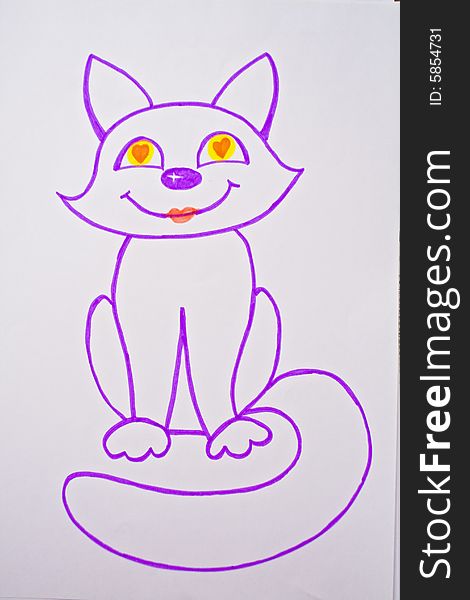 Bright drawn violet kitten with yellow and red eyes. Bright drawn violet kitten with yellow and red eyes