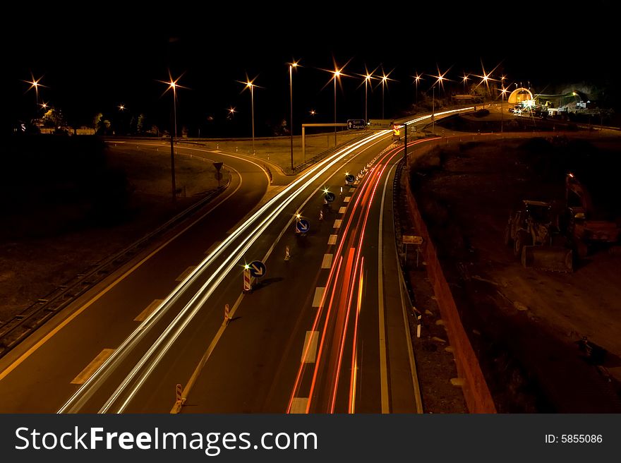 Straight night highway with car's traces. Straight night highway with car's traces