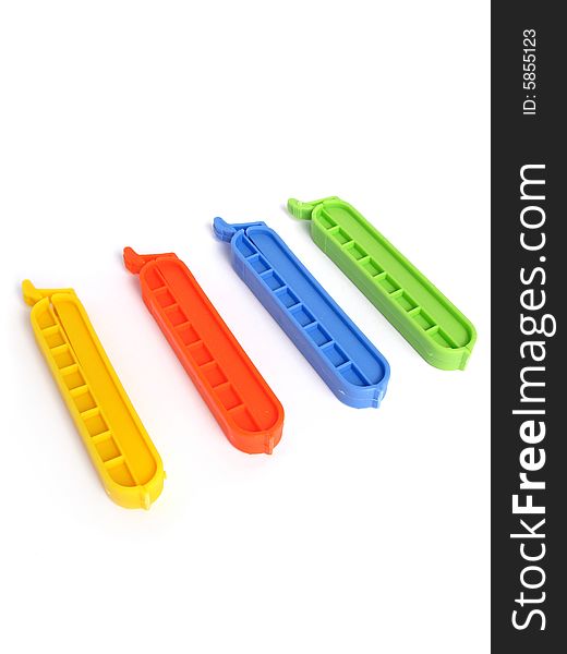 Clips for food Bags  in various colors on white background