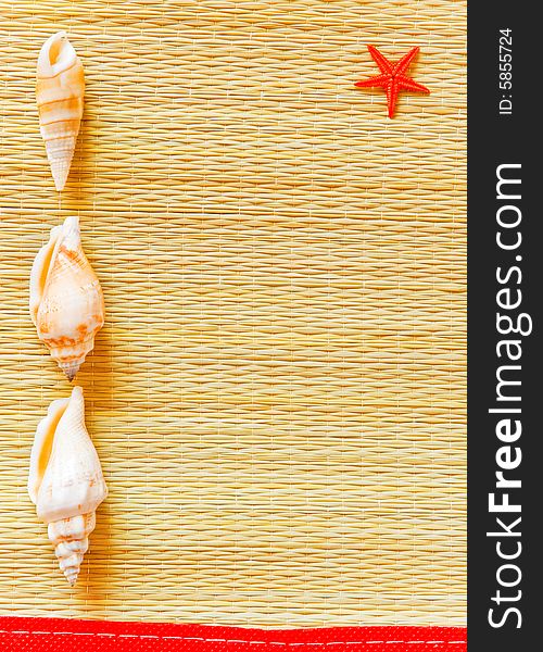 Sea memories background with weaved reed texture, seashells and a red starfish