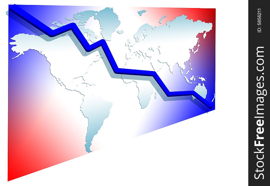 3d line chart blue going down on the world map  background illustration isolated