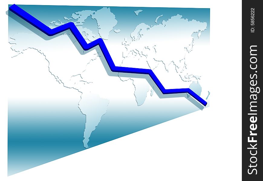 3d line chart blue going down on the world map  background illustration isolated