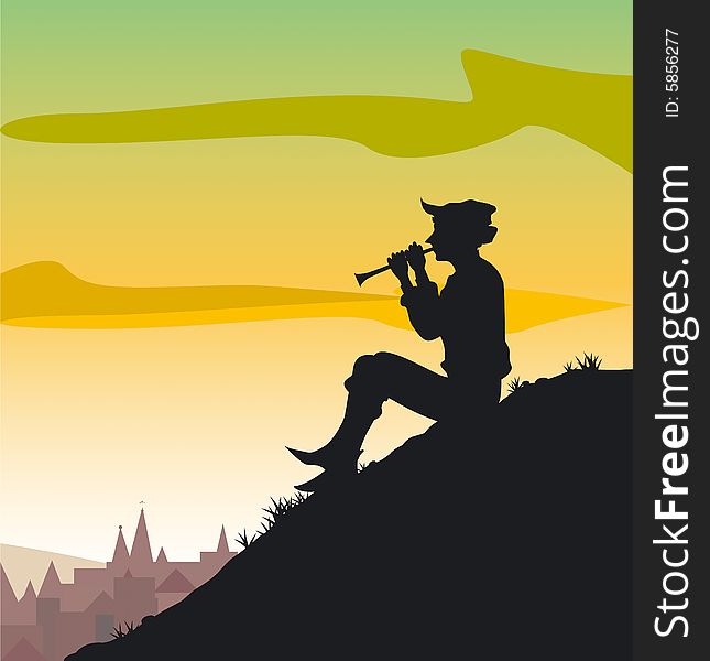A man playing on a flute on sunset above a city sitting on a hill. An additional vectorial file is in the format of AI8. A man playing on a flute on sunset above a city sitting on a hill. An additional vectorial file is in the format of AI8