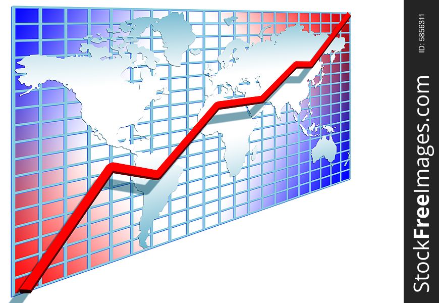 3d line chart red going up on the world map greed background illustration isolated