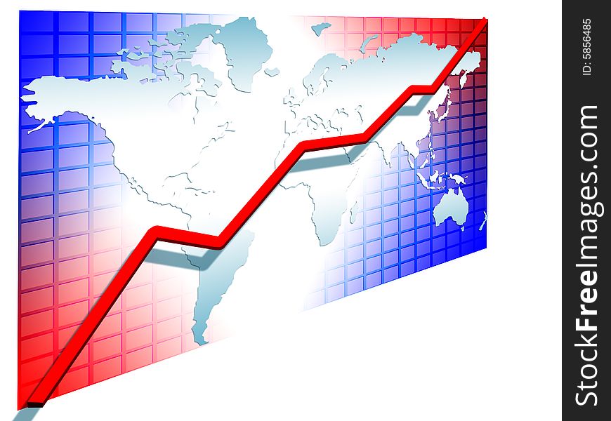 3d line chart red going up on the world map greed background illustration isolated