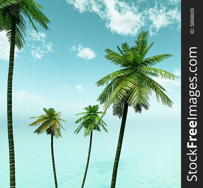 Beautiful seascape with palms. 3d image