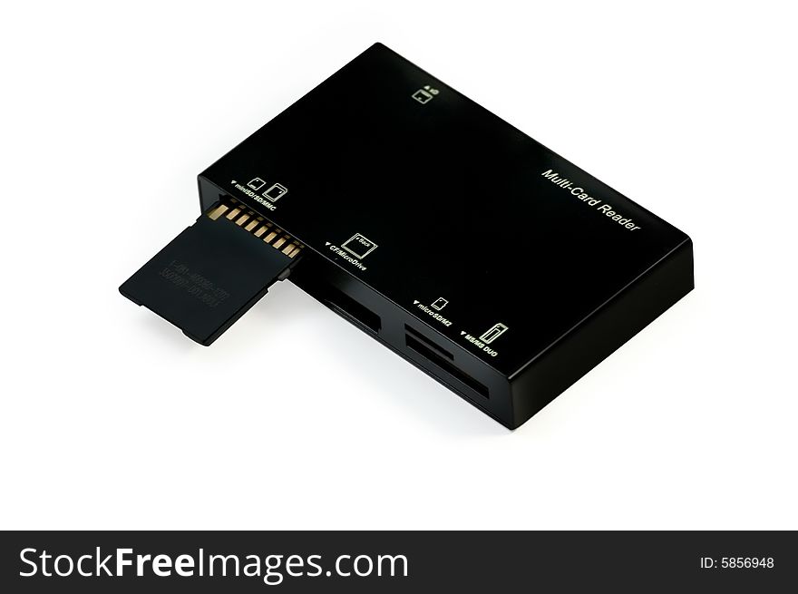 USB multi card reader with flash card, isolated on a white background.