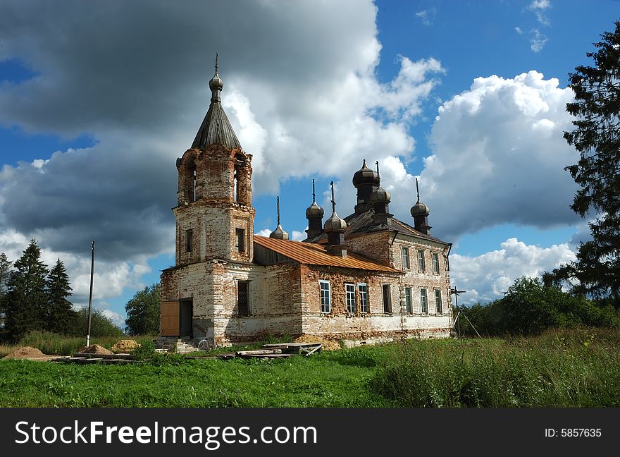 View of old destroyed country church in northern russian village