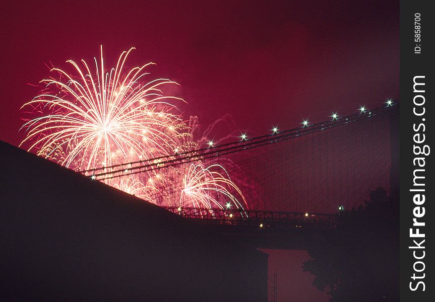 Fourth of July fireworks over Brooklyn Bridge. Fourth of July fireworks over Brooklyn Bridge.