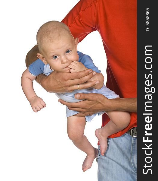 A young father and his small son in the white background