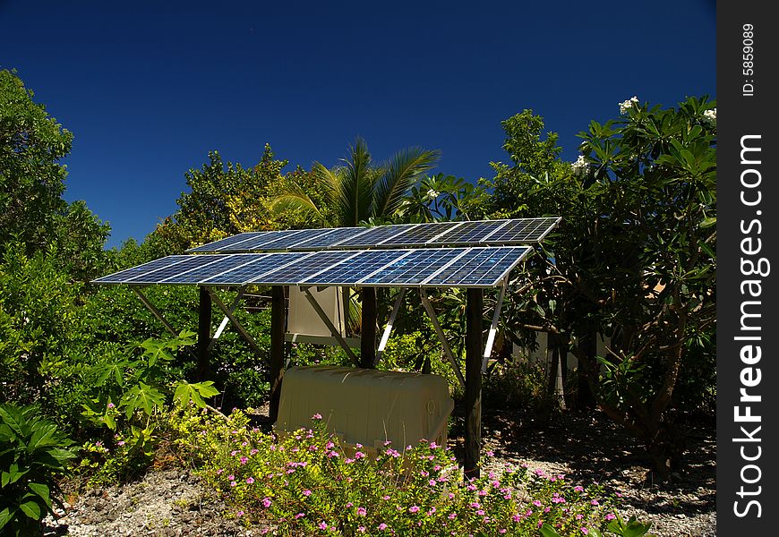 A solar panel on a small island - the only source of energy for lighting and other energy purposes. A solar panel on a small island - the only source of energy for lighting and other energy purposes.