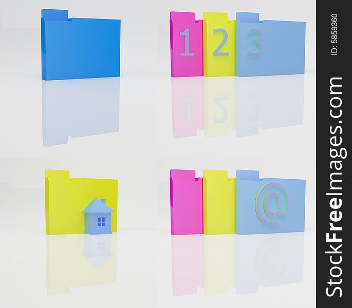 Color folders with figures, letters, the house render. Color folders with figures, letters, the house render