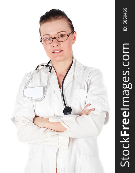 Attractive brunette female doctor on white background